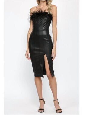 FATE lola faux leather strapless dress with feather trim Size S